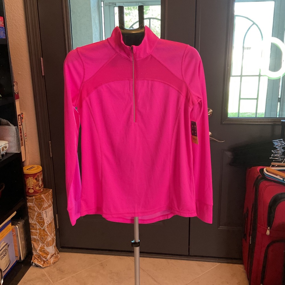 Xersion Womens Aruba Pink Stripe Half Zip Active Pullover Thumbhole Medium NWT
